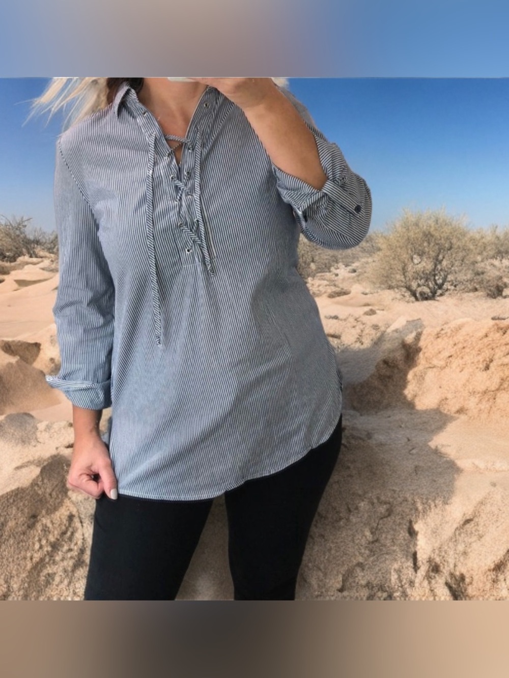 New Women's Striped Lace-Up Long Sleeve Tunic Blouse / Large